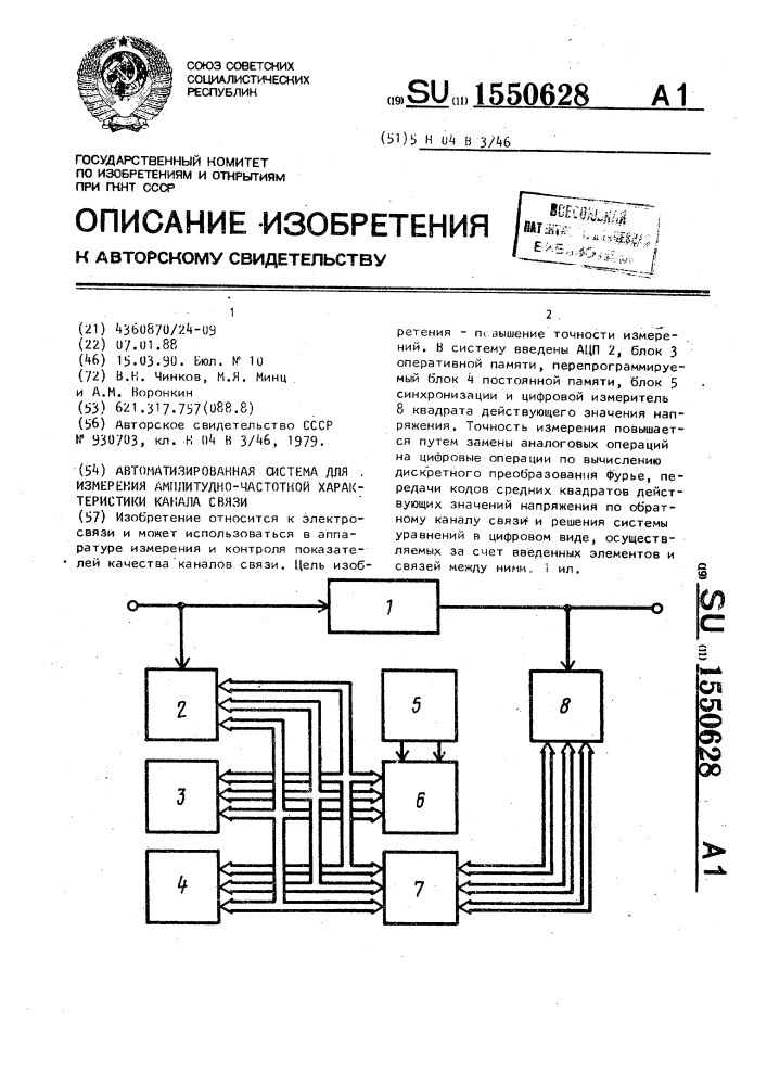 Автоматизированная система для измерения амплитудно- частотной характеристики канала связи (патент 1550628)