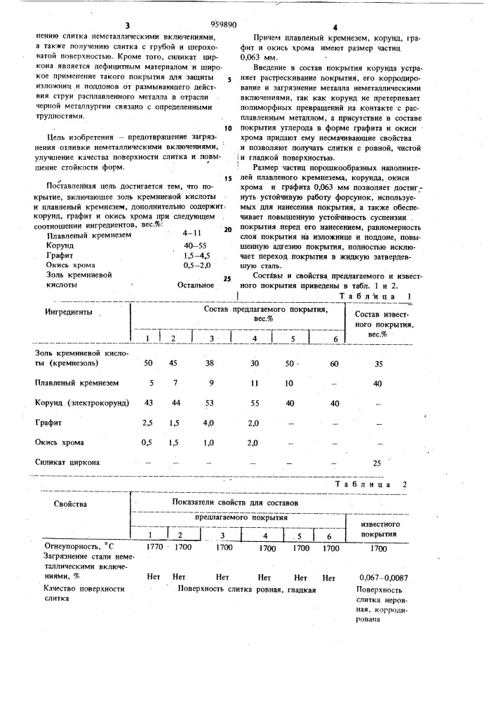 Защитное покрытие для металлических литейных форм (патент 959890)