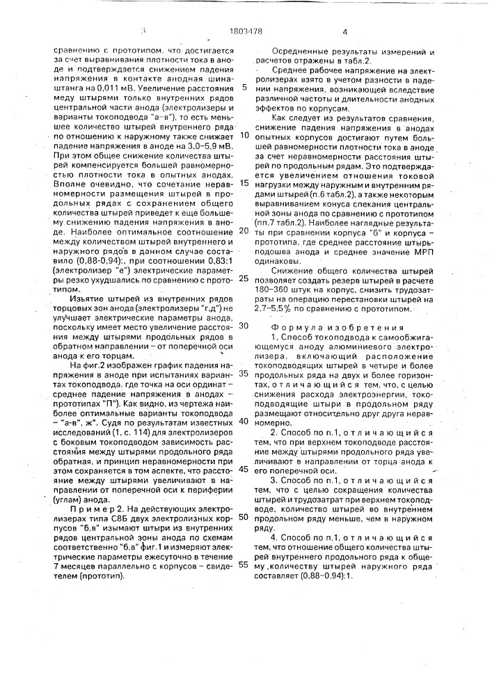 Способ токоподвода к самообжигающемуся аноду алюминиевого электролизера (патент 1803478)