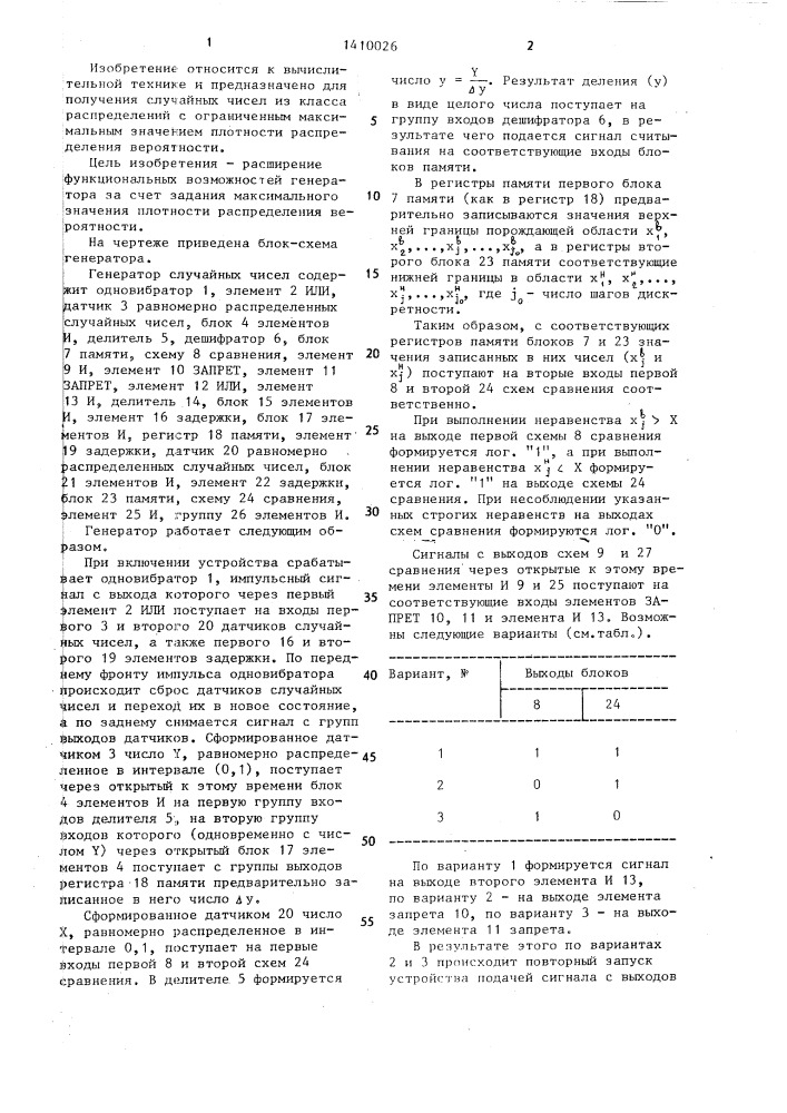 Генератор случайных чисел (патент 1410026)