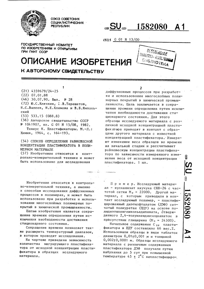 Способ определения равновесной концентрации пластификатора в полимерном материале (патент 1582080)
