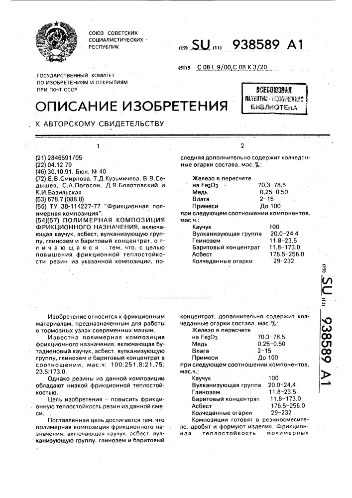 Полимерная композиция фрикционного назначения (патент 938589)
