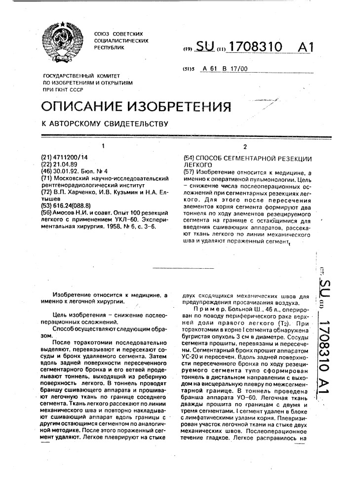 Способ сегментарной резекции легкого (патент 1708310)
