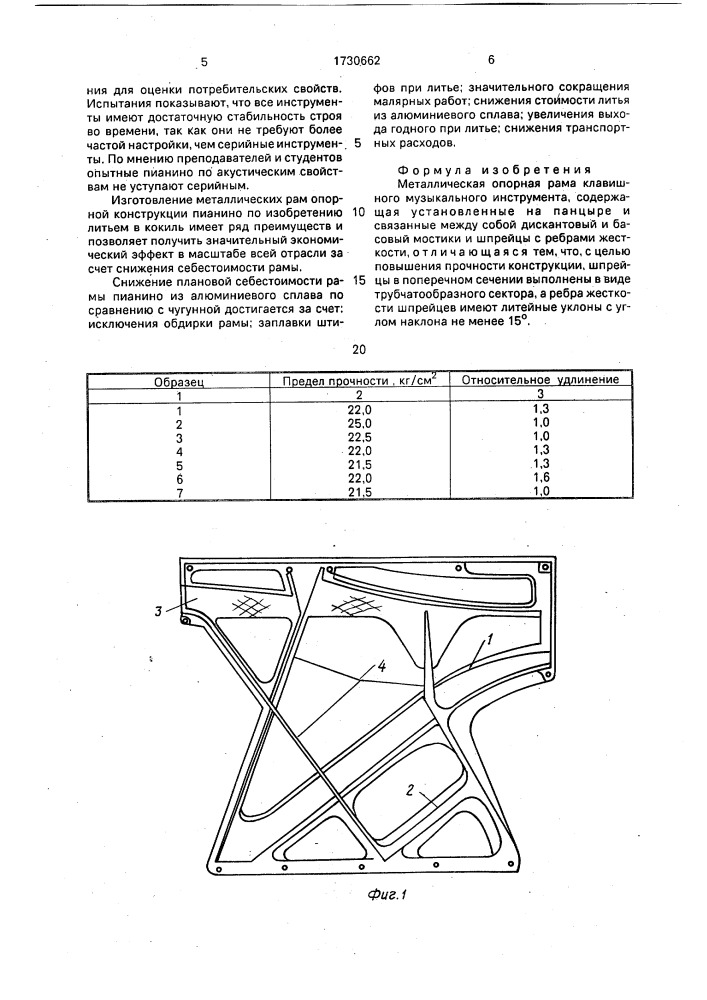 Металлическая опорная рама клавишного музыкального инструмента (патент 1730662)