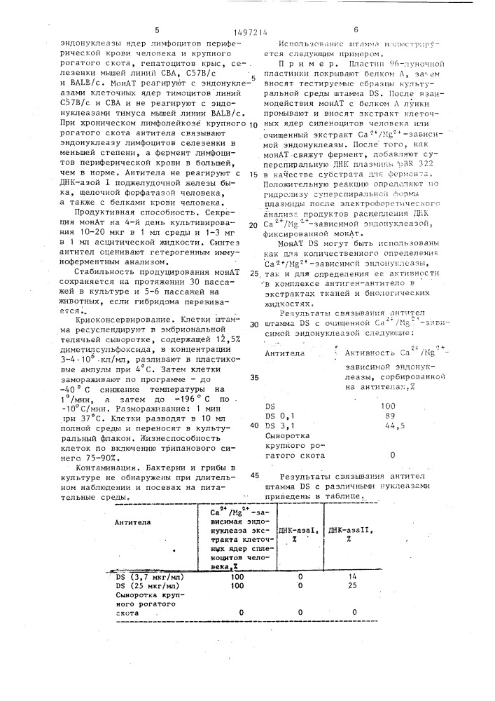 Штамм гибридных культивируемых клеток животных mus мusсulus - продуцент моноклональных антител к са @ /mg @ - зависимой эндонуклеазе клеточных ядер лимфоцитов селезенки человека (патент 1497214)