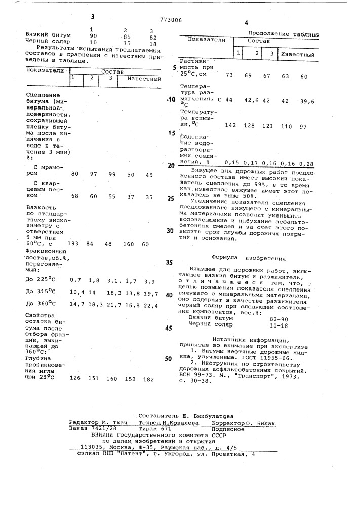 Вяжущее для дорожных работ (патент 773006)