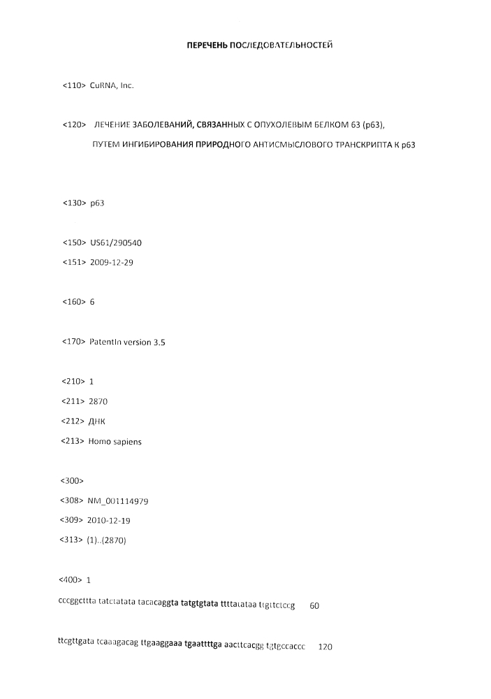 Лечение заболеваний, связанных с опухолевым белком 63 (р63), путем ингибирования природного антисмыслового транскрипта к р63 (патент 2611186)