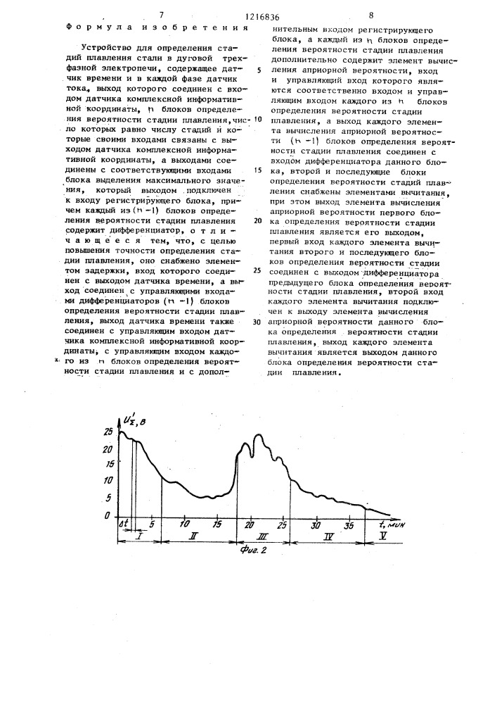 Устройство для определения стадий плавления стали в дуговой трехфазной электропечи (патент 1216836)