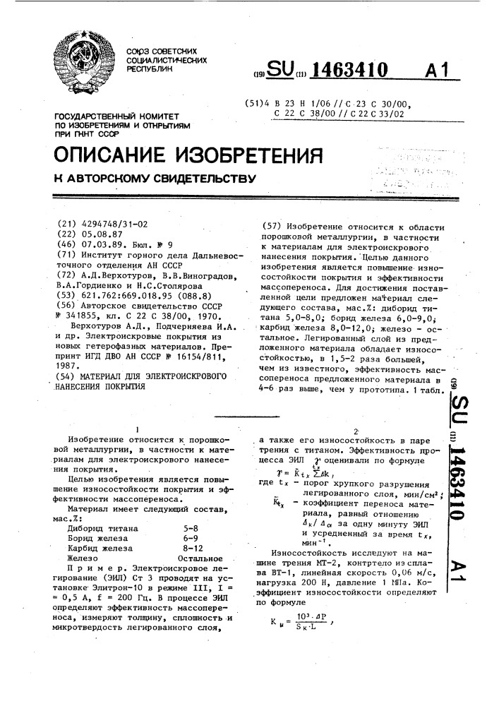 Материал для электроискрового нанесения покрытия (патент 1463410)