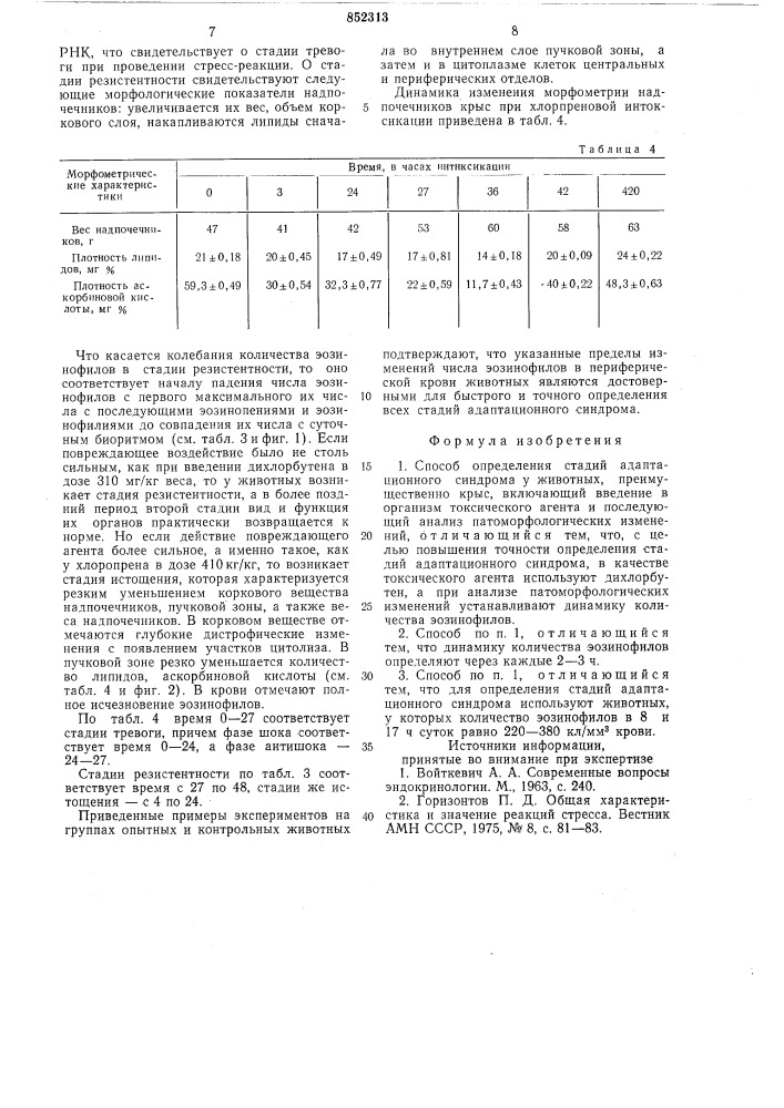 Способ определения стадий адапта-ционного синдрома у животных (патент 852313)