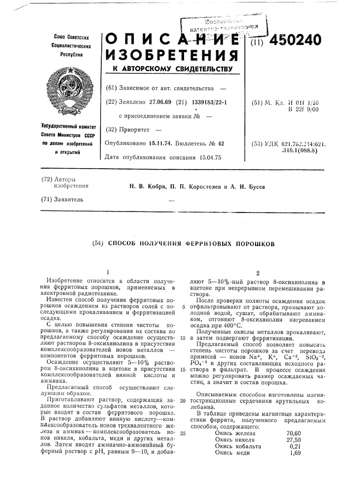 Способ получения ферритовых порошков (патент 450240)