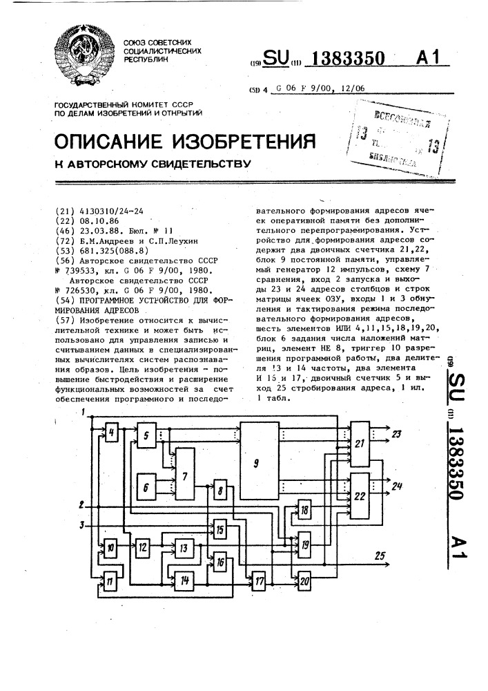 Программное устройство для формирования адресов (патент 1383350)