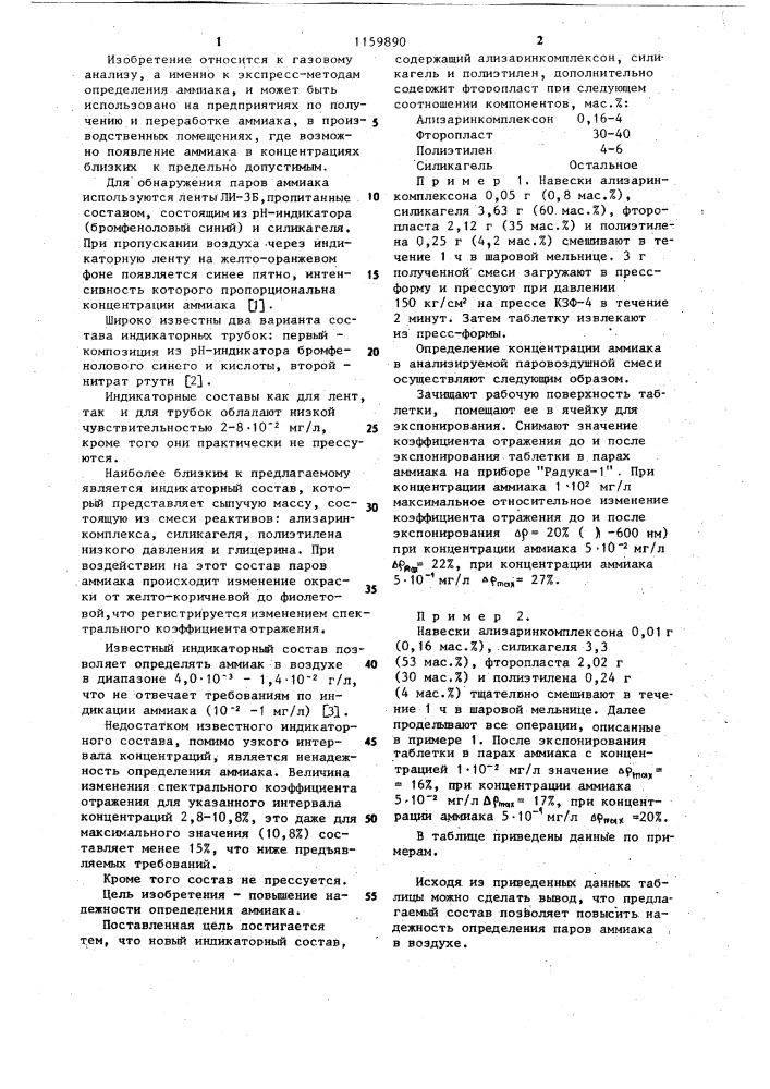 Индикаторный состав для обнаружения паров аммиака (патент 1159890)