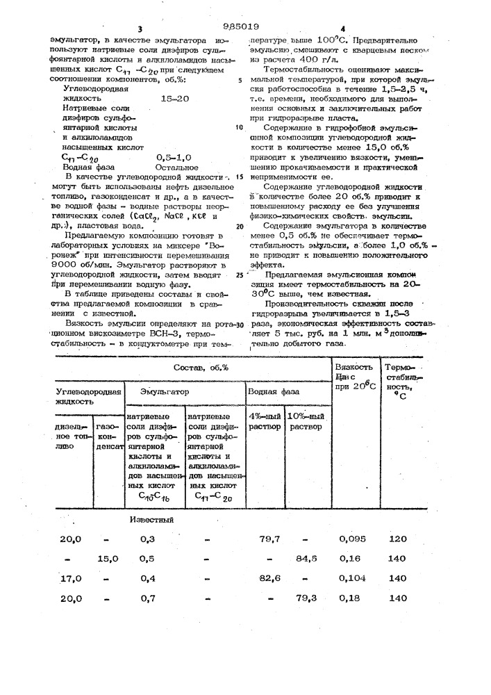 Гидрофобная эмульсионная композиция для гидроразрыва пласта (патент 985019)