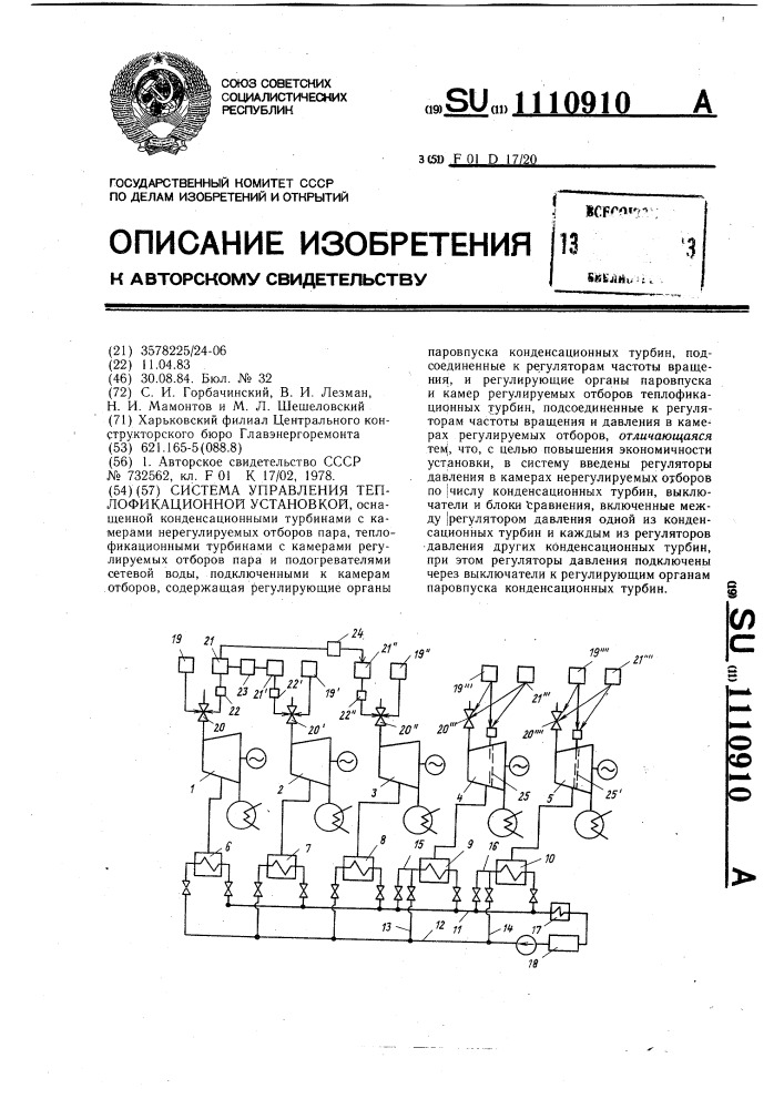 Система управления теплофикационной установкой (патент 1110910)