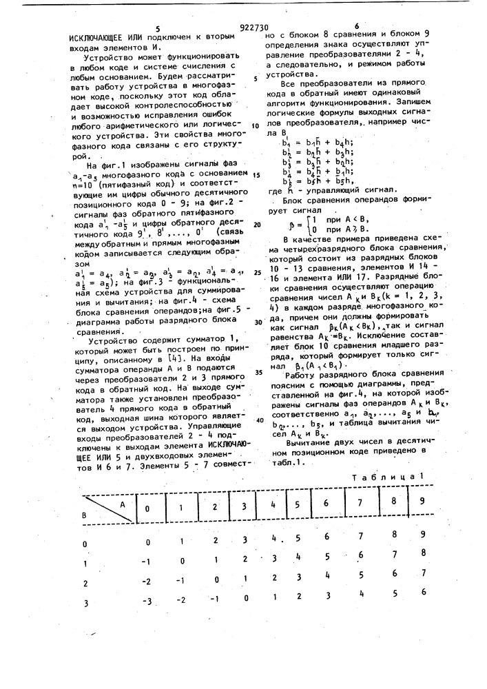 Устройство для сложения и вычитания (патент 922730)