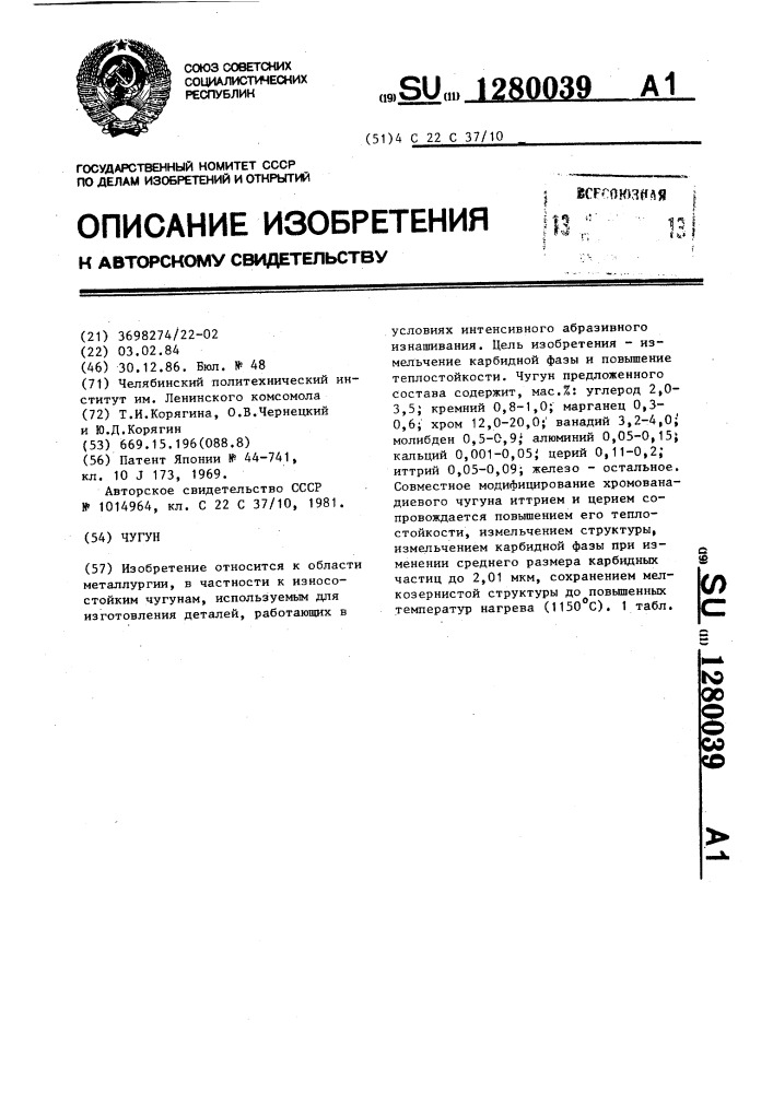 Чугун (патент 1280039)