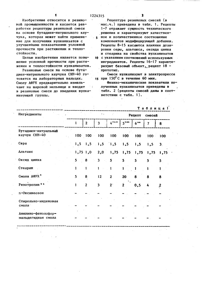 Резиновая смесь на основе бутадиен-нитрильного каучука (патент 1224315)