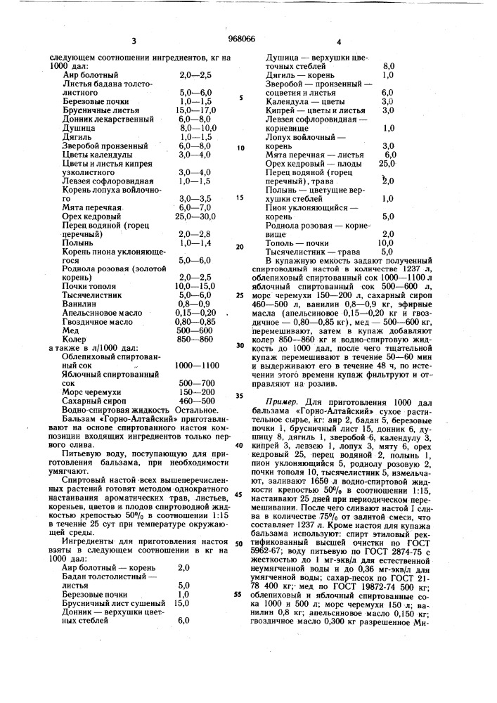 Композиция ингредиентов для бальзама "горно-алтайский (патент 968066)