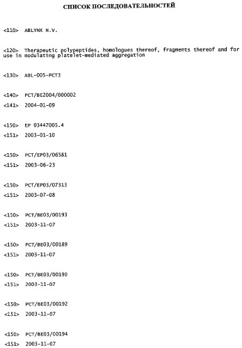 Терапевтические полипептиды, их гомологи, их фрагменты и их применение для модуляции агрегации, опосредованной тромбоцитами (патент 2357974)