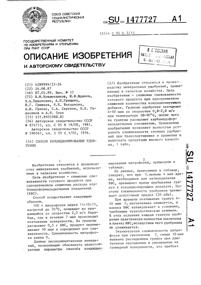 Способ кондиционирования удобрений (патент 1477727)