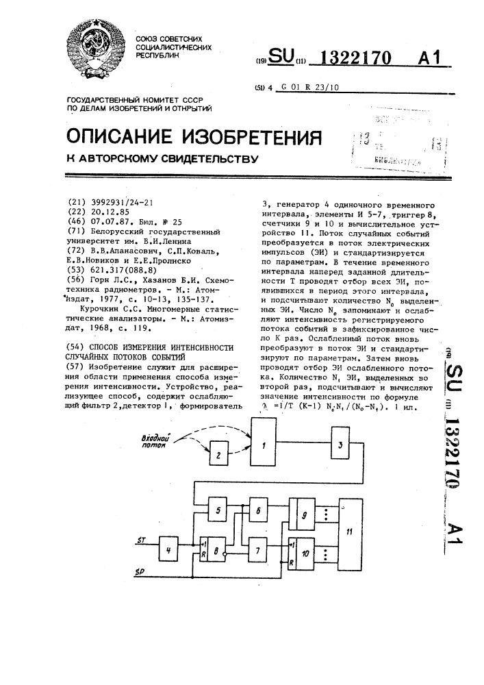 Способ измерения интенсивности случайных потоков событий (патент 1322170)