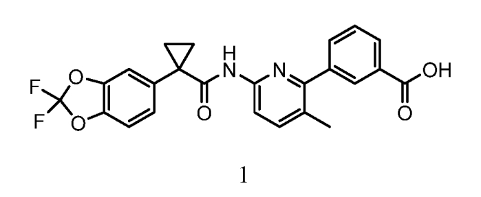 Фармацевтические композиции, включающие 3-(2, 2-дифторбензо[d][1, 3]диоксол-5-ил)циклопропанкарбоксамидо)-3-метилпиридин-2-ил)бензойную кислоту, и их введение (патент 2592368)