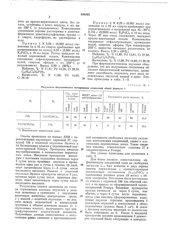 Комплексные соединения ди/2-хлорэтил/ аминобенз-2,1,3- тиадиазолов с палладием, обладающие противоопухолевой активностью" (патент 646593)