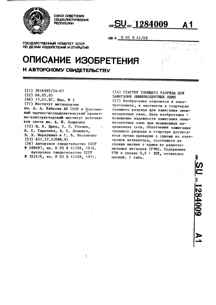 Стартер тлеющего разряда для зажигания люминесцентных ламп (патент 1284009)