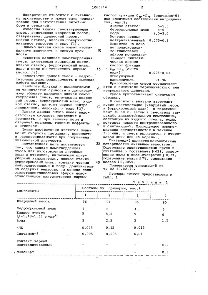 Жидкая самотвердеющая смесь (патент 1066714)