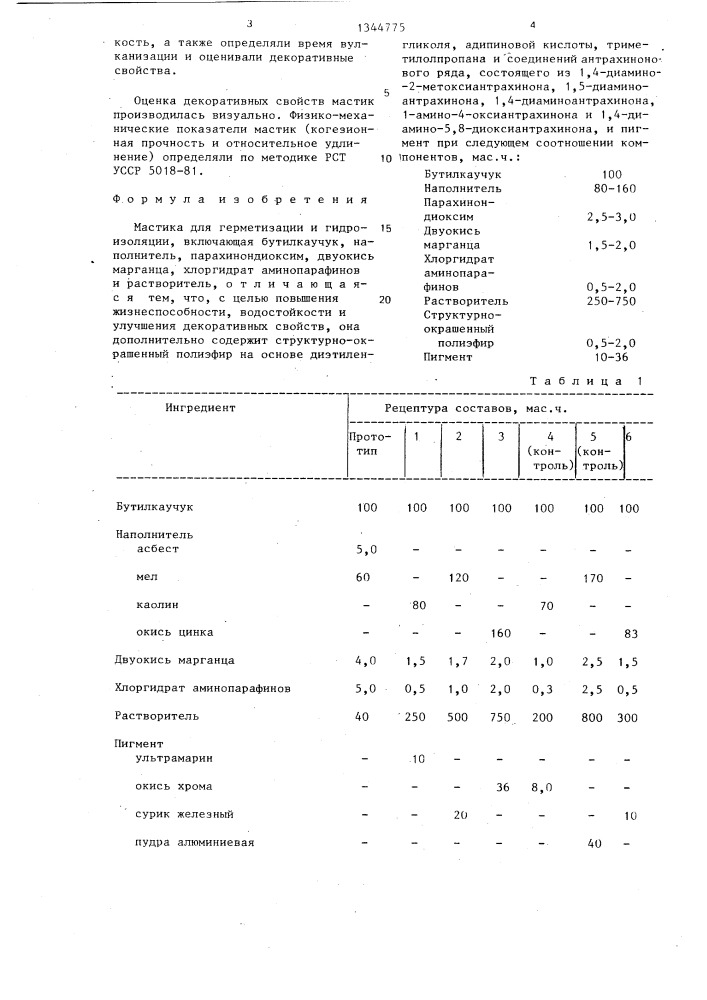 Мастика для герметизации и гидроизоляции (патент 1344775)