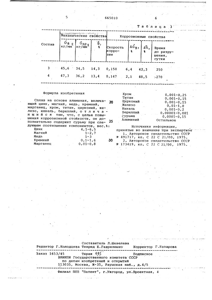 Сплав на основе алюминия (патент 665010)