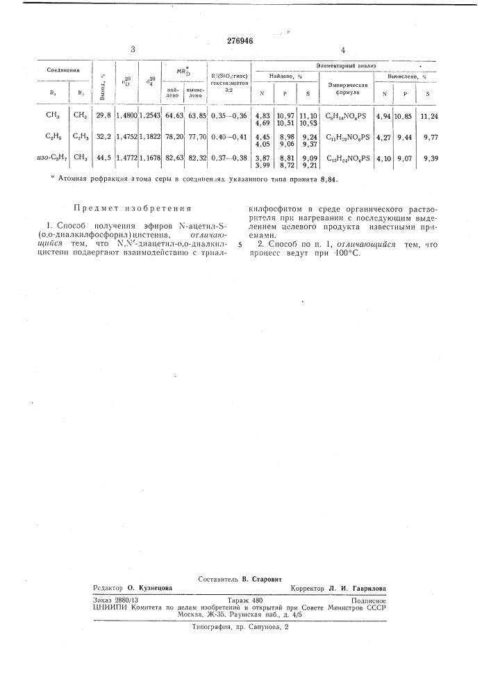 Способ получения эфиров n-aцetил-s- (патент 276946)