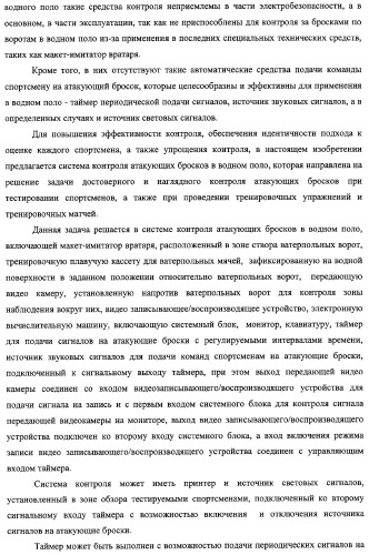 Макет-имитатор вратаря в водном поло, тренировочная плавучая кассета для ватерпольных мячей, способ экспериментальной оценки координационной выносливости спортсменов в технике атакующих бросков в водном поло, способ тренировки игроков в водном поло с использованием специализированных тренажерных устройств, система контроля атакующих бросков в водном поло (патент 2333026)