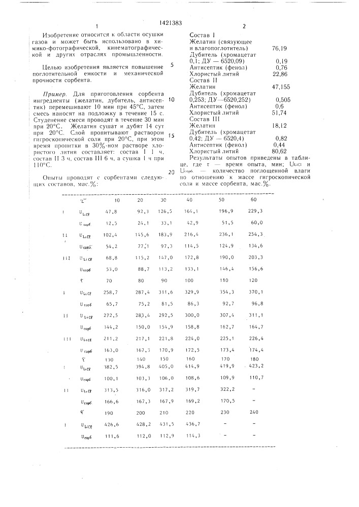 Сорбент для осушки воздуха (патент 1421383)