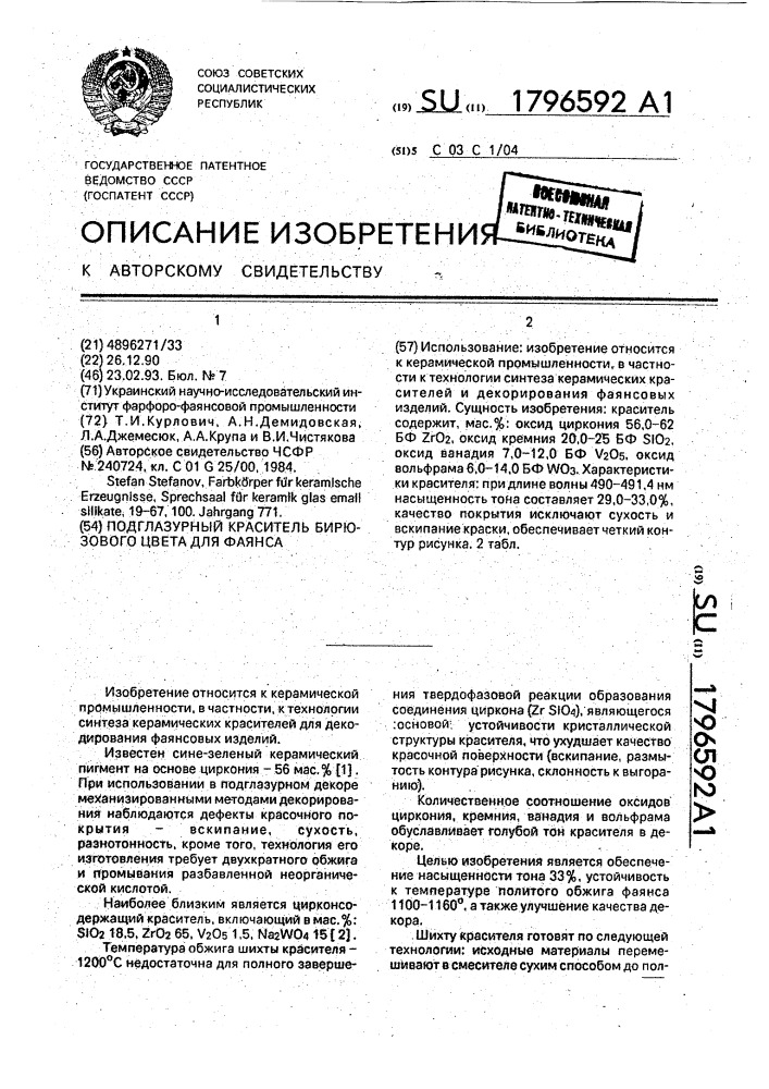 Подглазурный краситель бирюзового цвета для фаянса (патент 1796592)