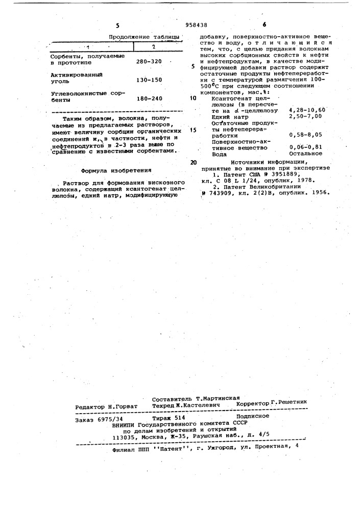 Раствор для формования вискозного волокна (патент 958438)