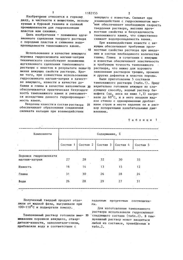 Тампонажный раствор (патент 1182155)