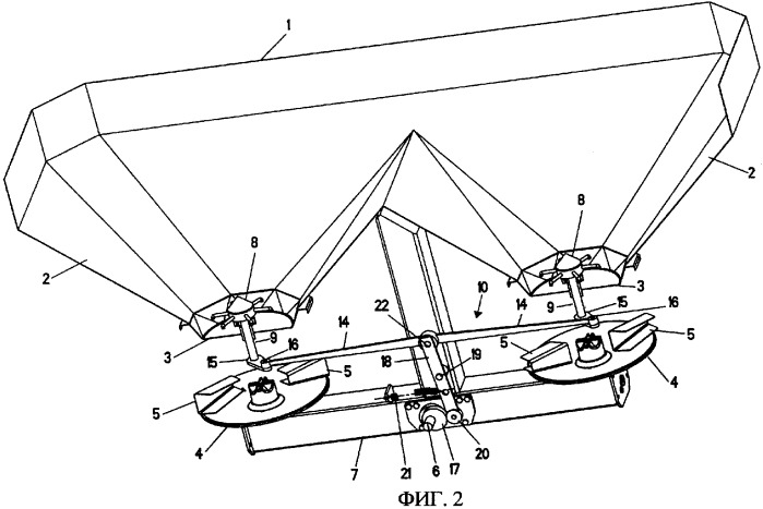 Двухдисковый разбрасыватель сыпучих материалов, в частности удобрений (патент 2368117)