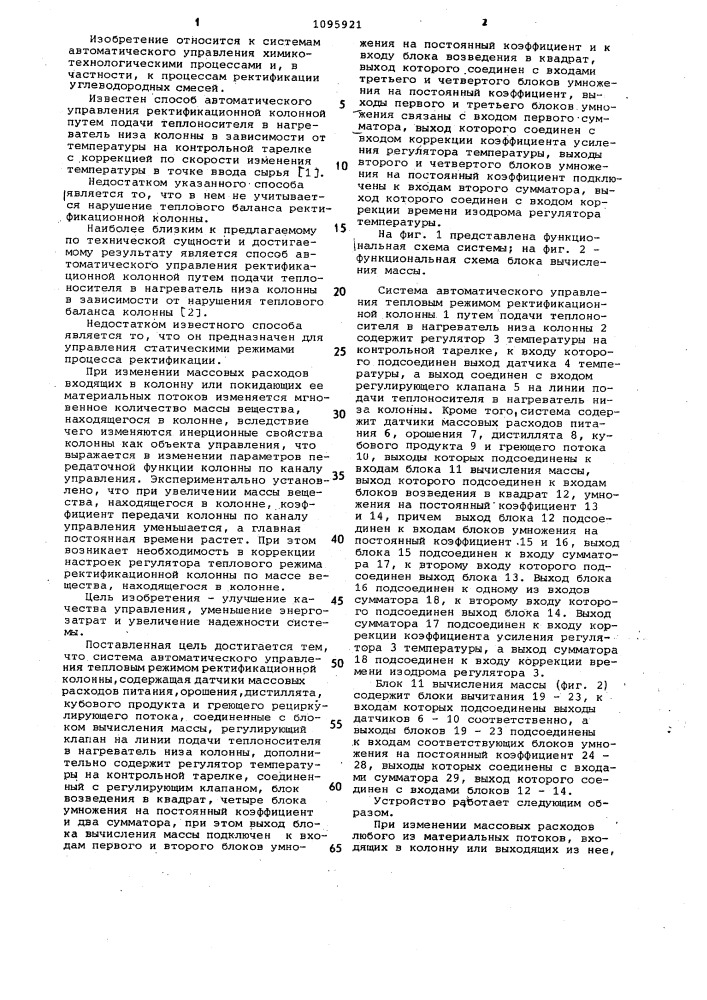 Система автоматического управления тепловым режимом ректификационной колонны (патент 1095921)