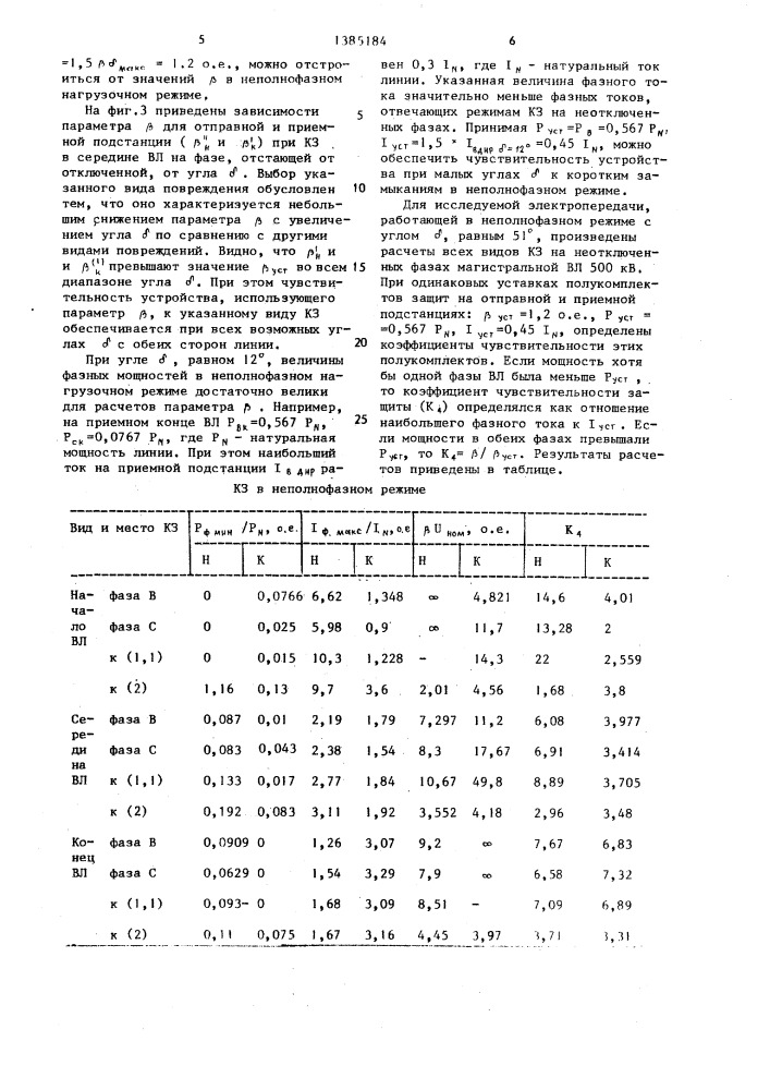 Устройство для релейной защиты от коротких замыканий линии электропередачи в неполнофазном режиме (патент 1385184)