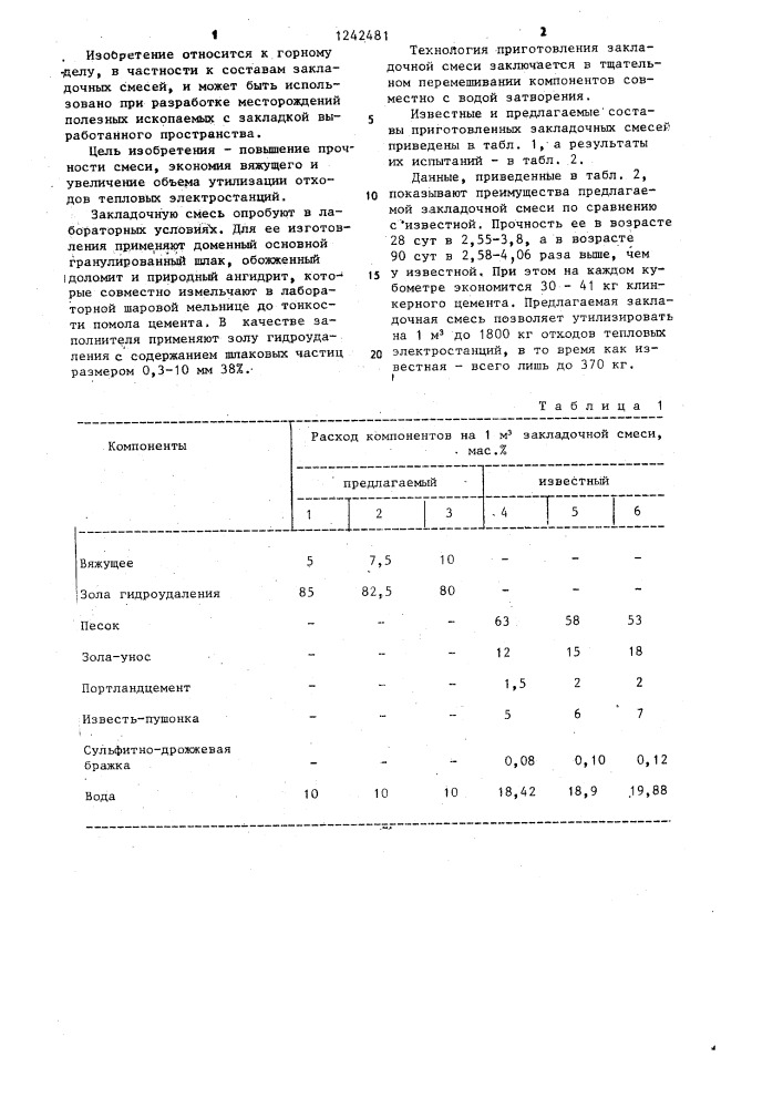 Состав закладочной смеси (патент 1242481)