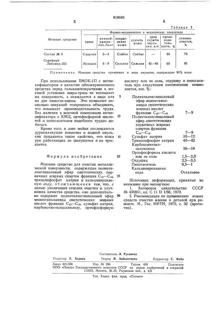 Моющее средство для очисткиметаллической поверхности"tmok- 1п (патент 819161)