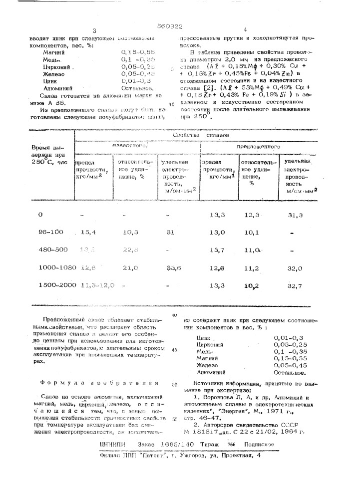 Сплав на основе алюминия (патент 560922)