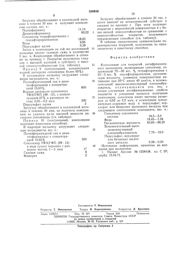 Композиция для покрытий антифрикционного назначения (патент 559936)
