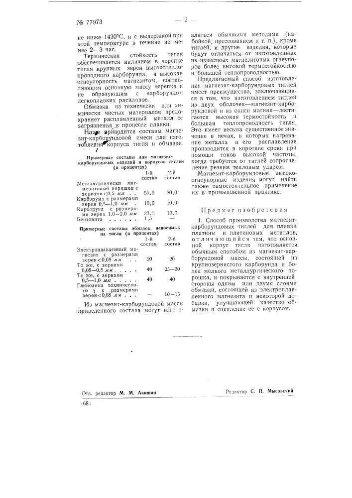 Способ производства магнезит-карборундовых тиглей для плавки платины и платиновых металлов (патент 77973)