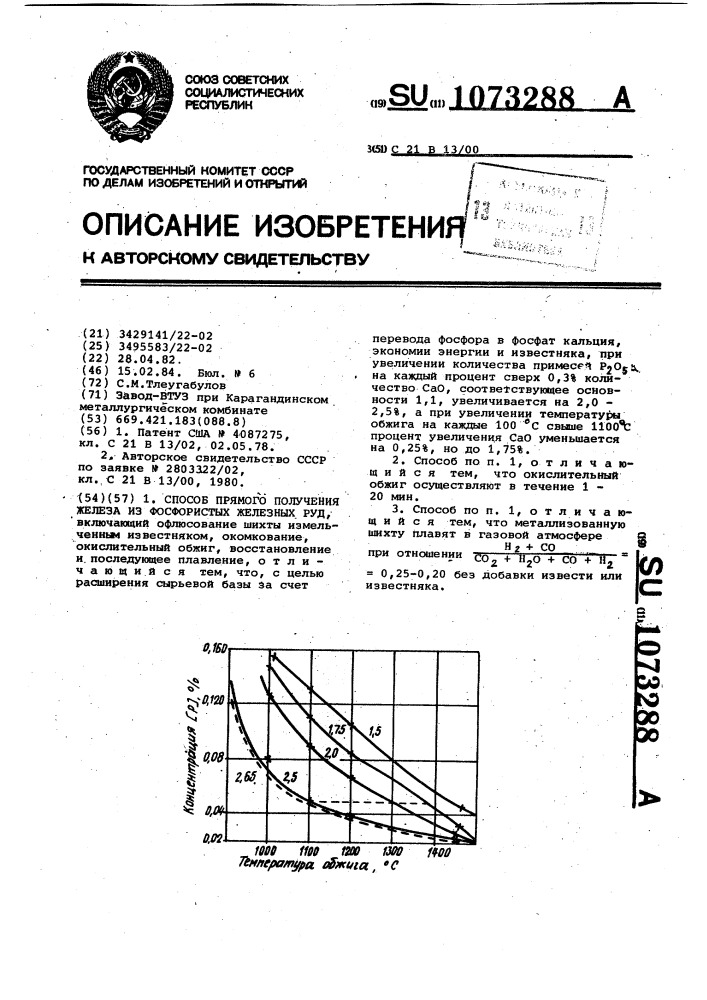 Способ прямого получения железа из фосфористых железных руд (патент 1073288)