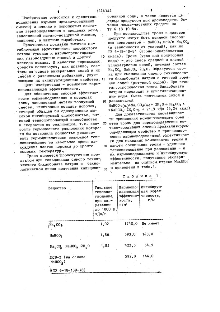 Средство для взрывоподавления метано-воздушных смесей (патент 1244344)