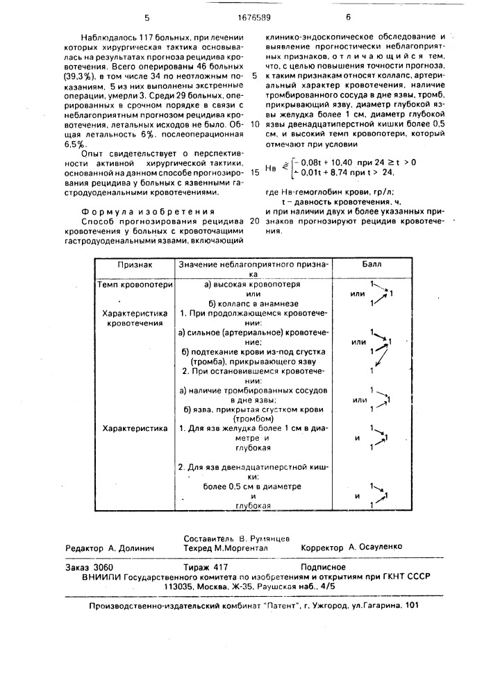 Способ прогнозирования рецидива кровотечения у больных с кровоточащими гастродуоденальными язвами (патент 1676589)