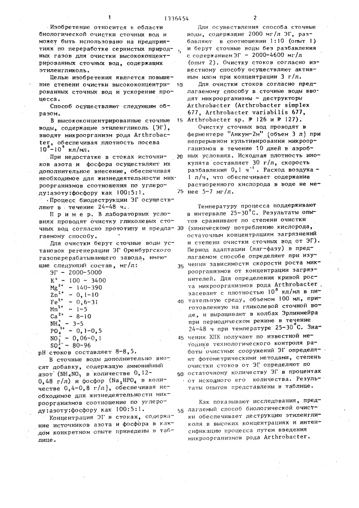 Способ биологической очистки сточных вод от этиленгликоля (патент 1336454)